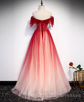 Burgundy Off Shoulder Tulle Long Evening Prom Dresses, Burgundy Formal Dresses, 1